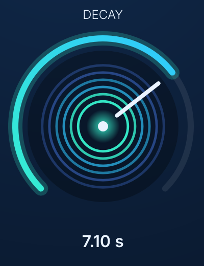 Close-up of the Decay knob: concentric rings inside a glowing arc.
