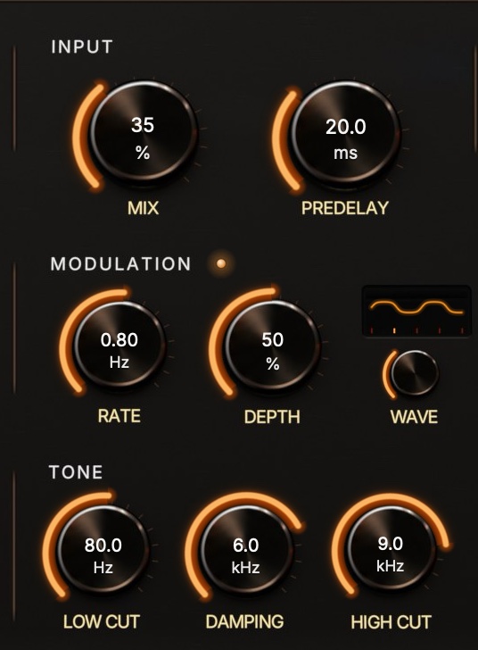 Close-up of the Decay dial: a glowing arc around a dark record, with orange ripples spreading on it.