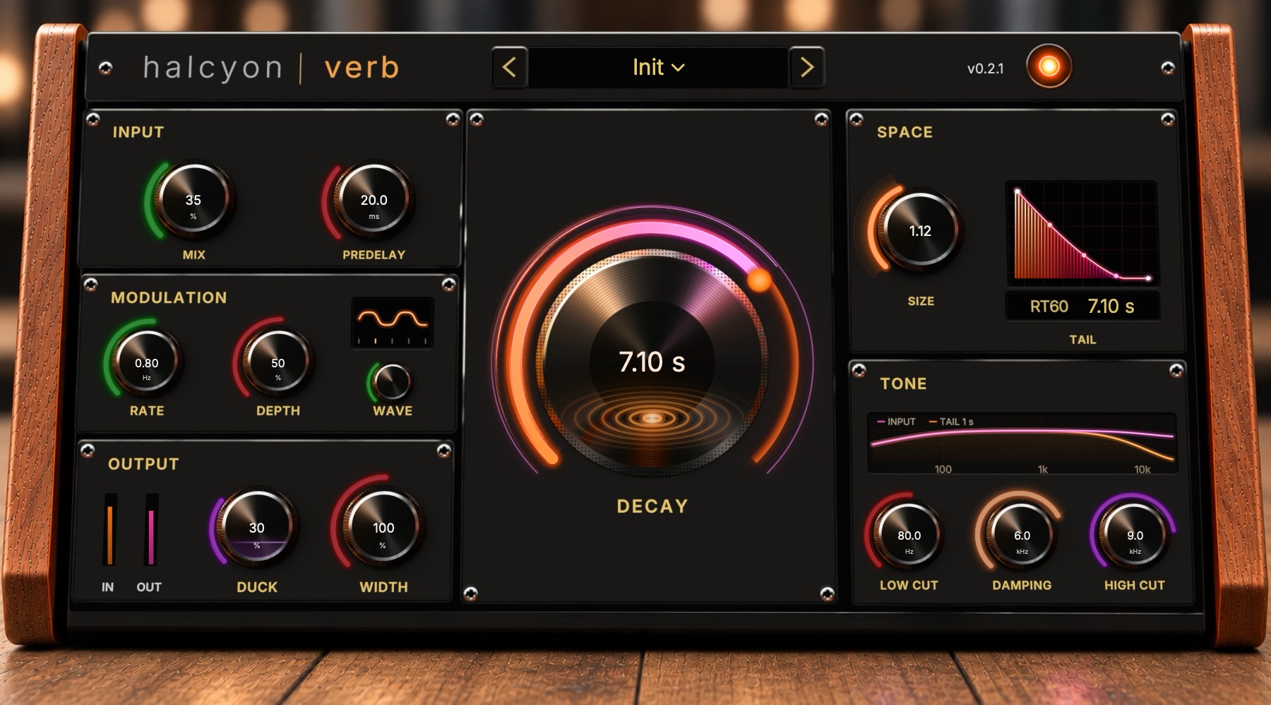 The Halcyon Verb window: a brushed-metal console between walnut sides. A large vinyl-like Decay dial with a glowing orange-to-pink arc sits in the middle at 7.1 seconds; Input, Modulation and Output knobs on the left, Space and Tone on the right, each knob ringed by a neon arc.